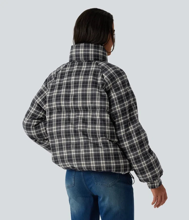 Ståkrage långärmad rutig vardaglig vadderad jacka med fickor