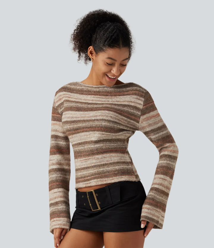 Båtringad lång klockärm gradient randig oversized vardaglig tröja