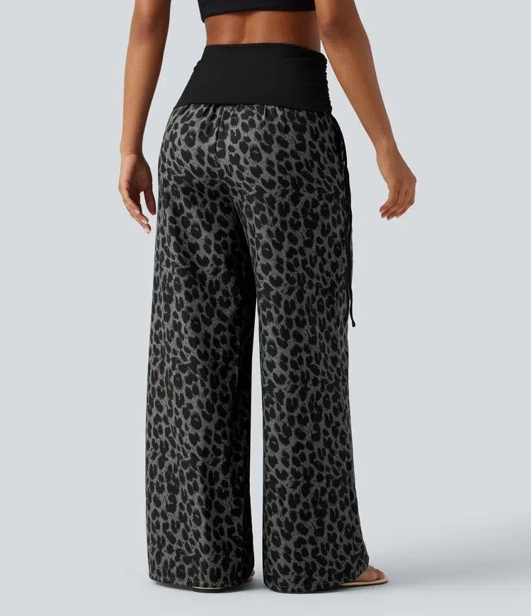 Vikbar midja med hög midja rynklad dragsko baggy leopardmönstrad vardagsbyxor med fickor