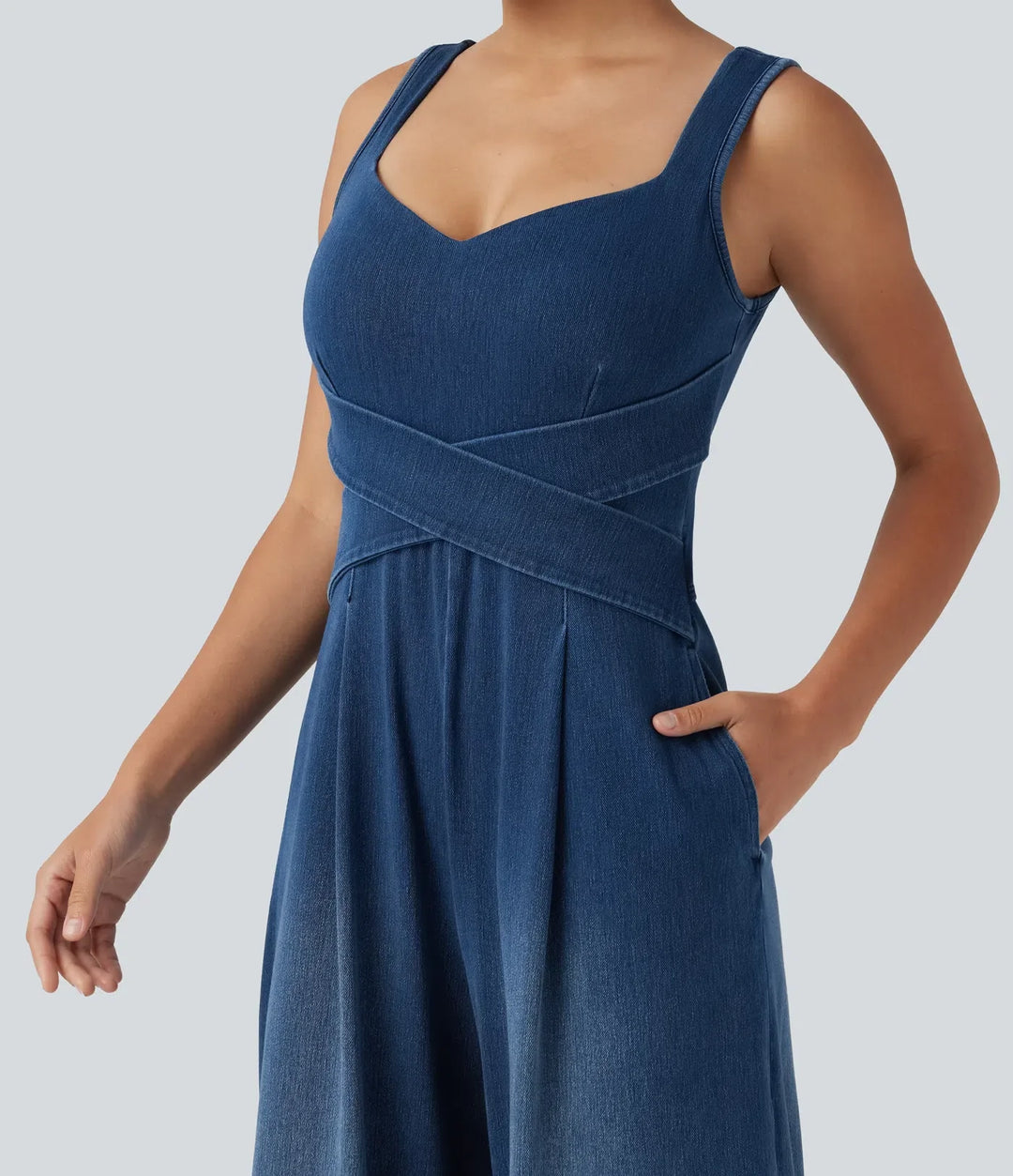 Halara Flex inbyggd bh denim jumpsuit för vardag med fickor – Easy Peezy-utgåva