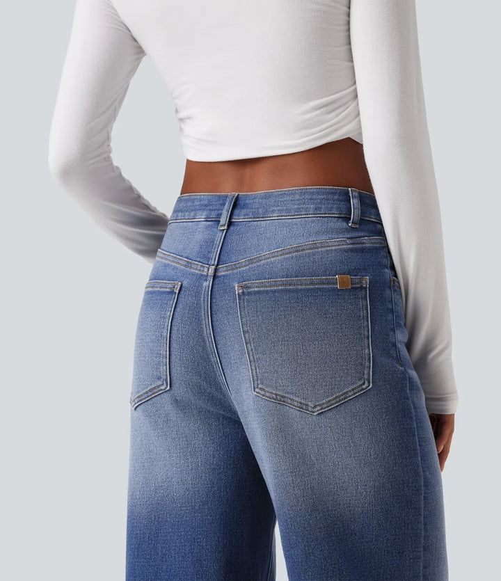 Med hög midja raka ben vardagsjeans med fickor