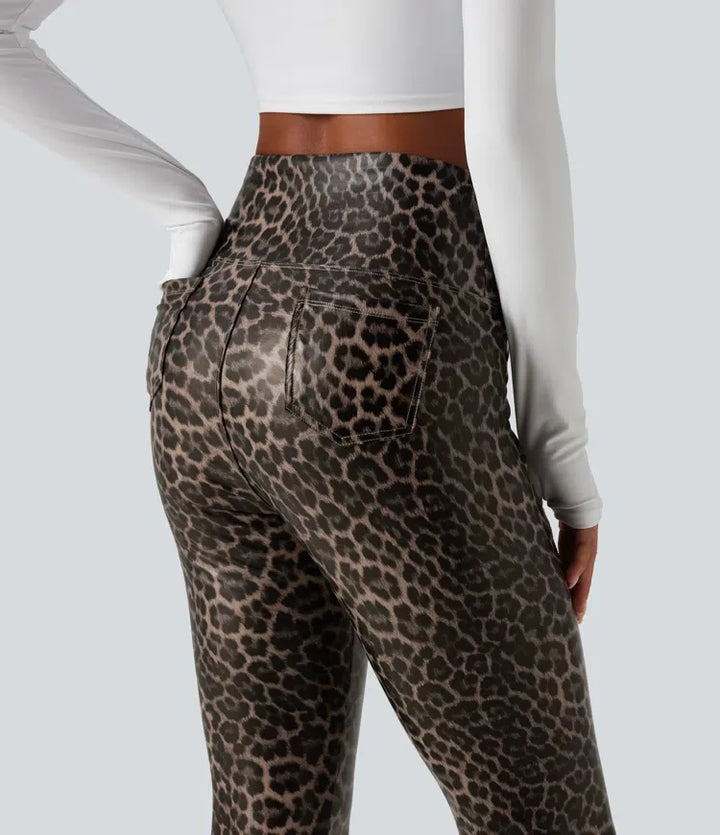 Med hög midja och magkontroll stretchig PU leopardmönstrad smal vardagsleggings med fickor