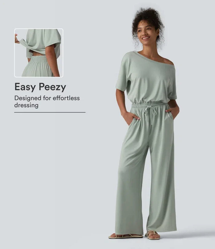 Båtringad kortärmad dragsko baggy vardaglig jumpsuit med fickor-Easy Peezy Edition