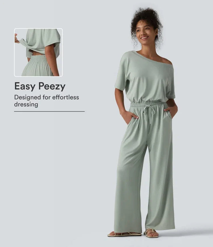 Båtringad kortärmad dragsko baggy vardaglig jumpsuit med fickor-Easy Peezy Edition