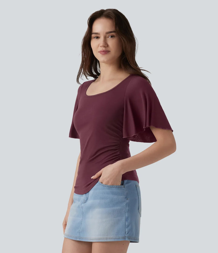 Ribbad fyrkantig halsringning fjäril ärm rynklad T-shirt för vardag