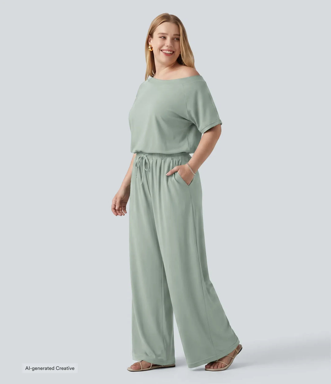 Plusstorlek båtringning kortärmad dragsko baggy jumpsuit för vardag med fickor – Easy Peezy-utgåva