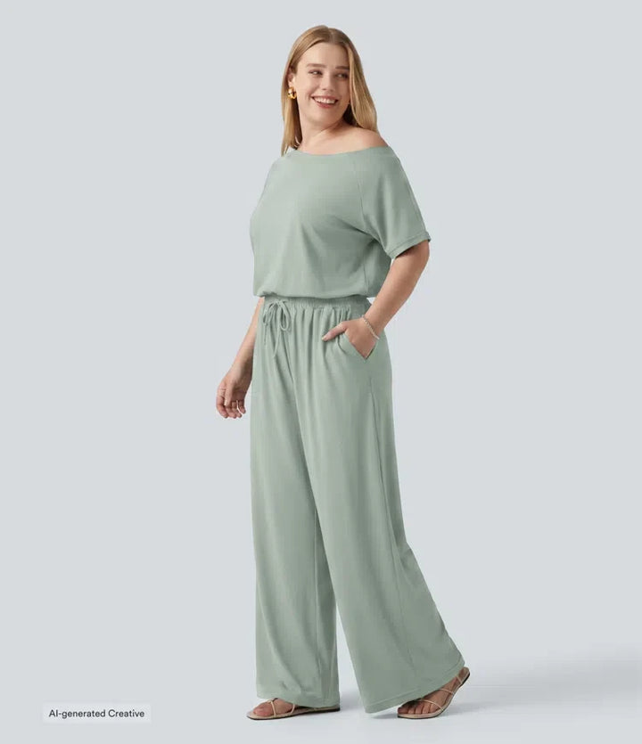 Plusstorlek båtringning kortärmad dragsko baggy jumpsuit för vardag med fickor – Easy Peezy-utgåva
