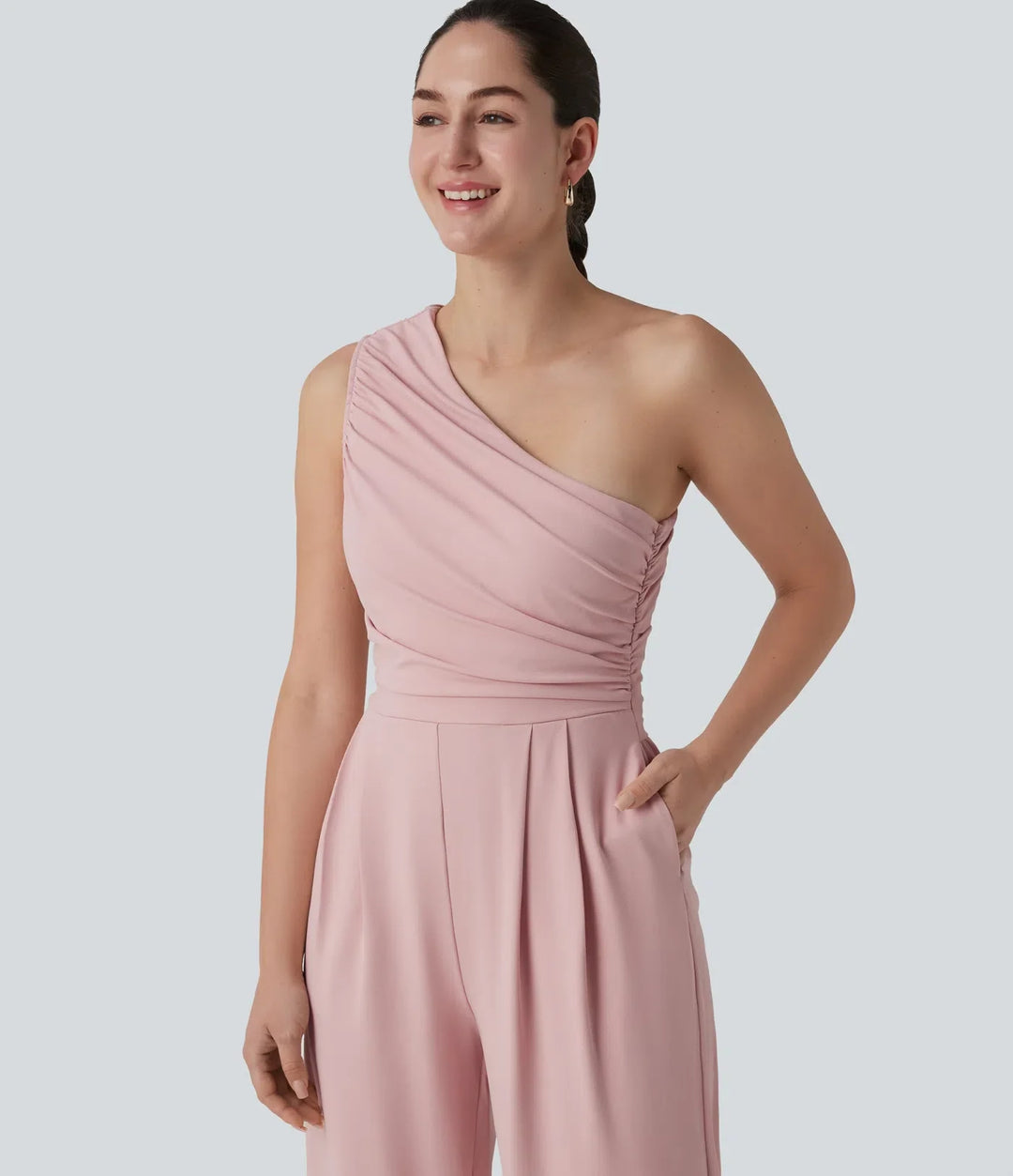 Enaxlad ärmlös rynkat inbyggd BH vardaglig jumpsuit med fickor-Easy Peezy