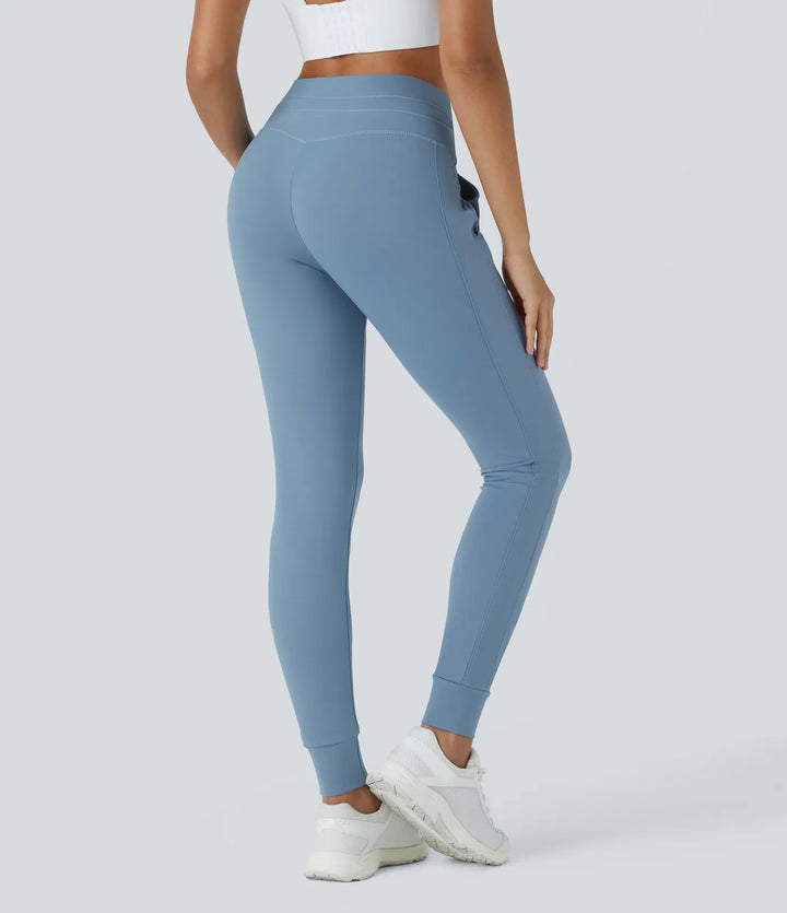 SoftlyZero Plush med hög midja dragsko ficka enfärgad fullängd joggingbyxor