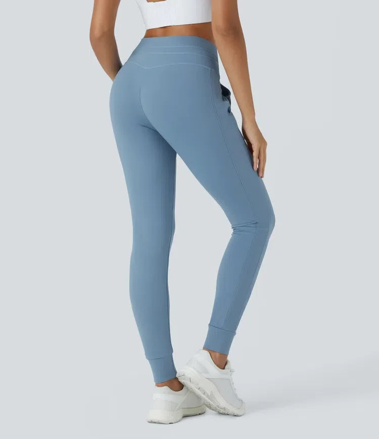 SoftlyZero Plush med hög midja dragsko ficka enfärgad fullängd joggingbyxor
