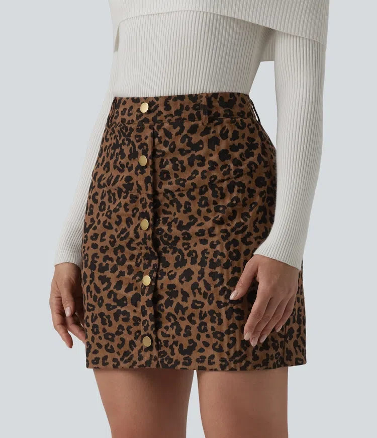 Med hög midja 2-i-1 leopardmönstrad mini vardagskjol med ficka – längre modell