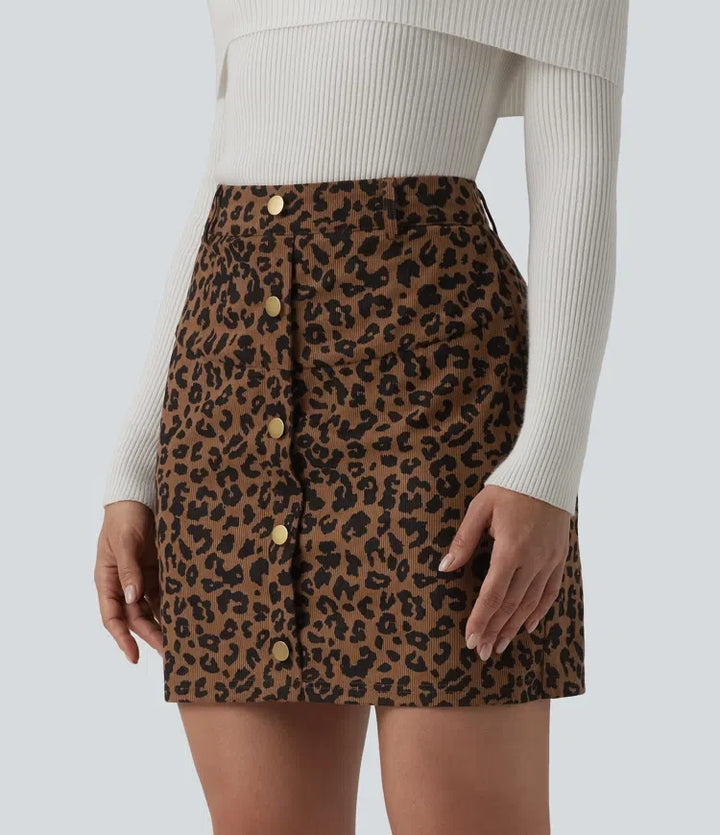 Med hög midja 2-i-1 leopardmönstrad mini vardagskjol med ficka – längre modell