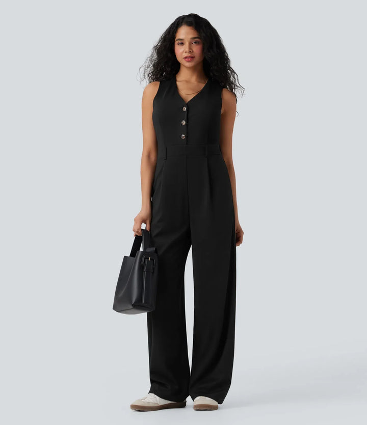 V-ringad ärmlös vardaglig väst jumpsuit med fickor-Easy Peezy
