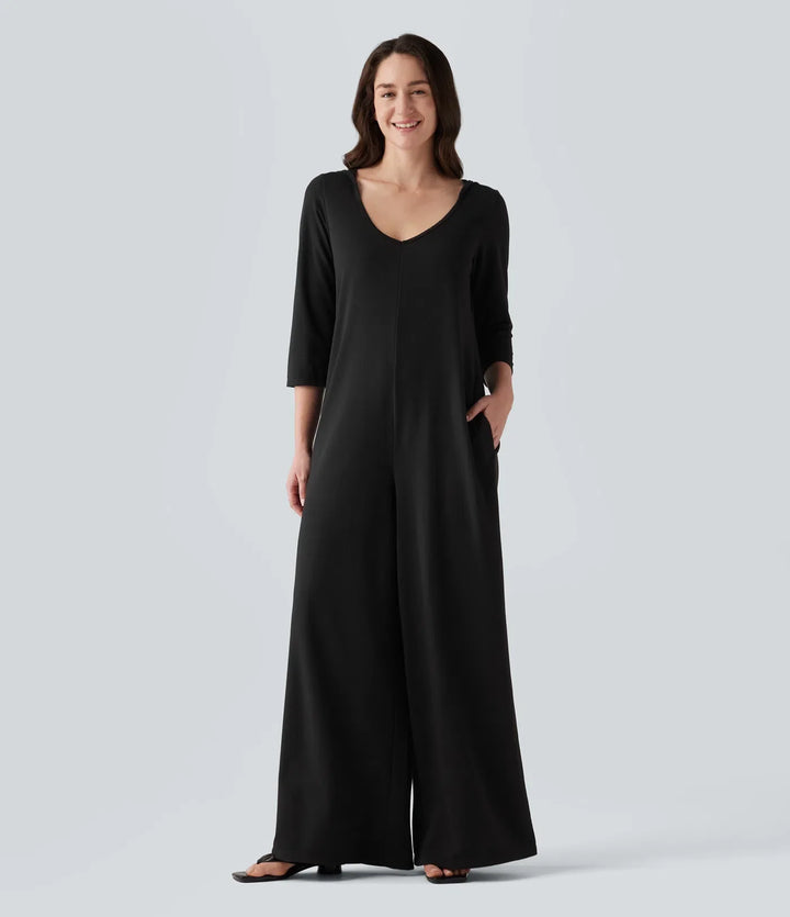 Med huva 3/4 ärm baggy avslappnad vardaglig jumpsuit med fickor