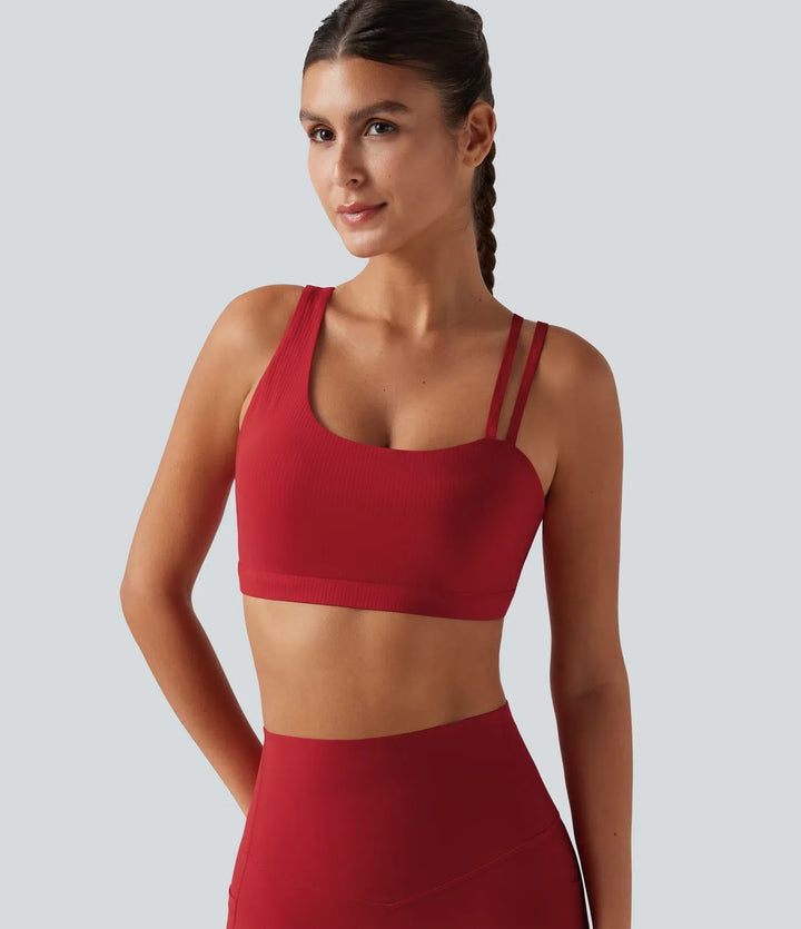 Halara UltraSculpt ribbad lätt stöd asymmetrisk utskuren detalj inbyggd bh löpning sport-bh
