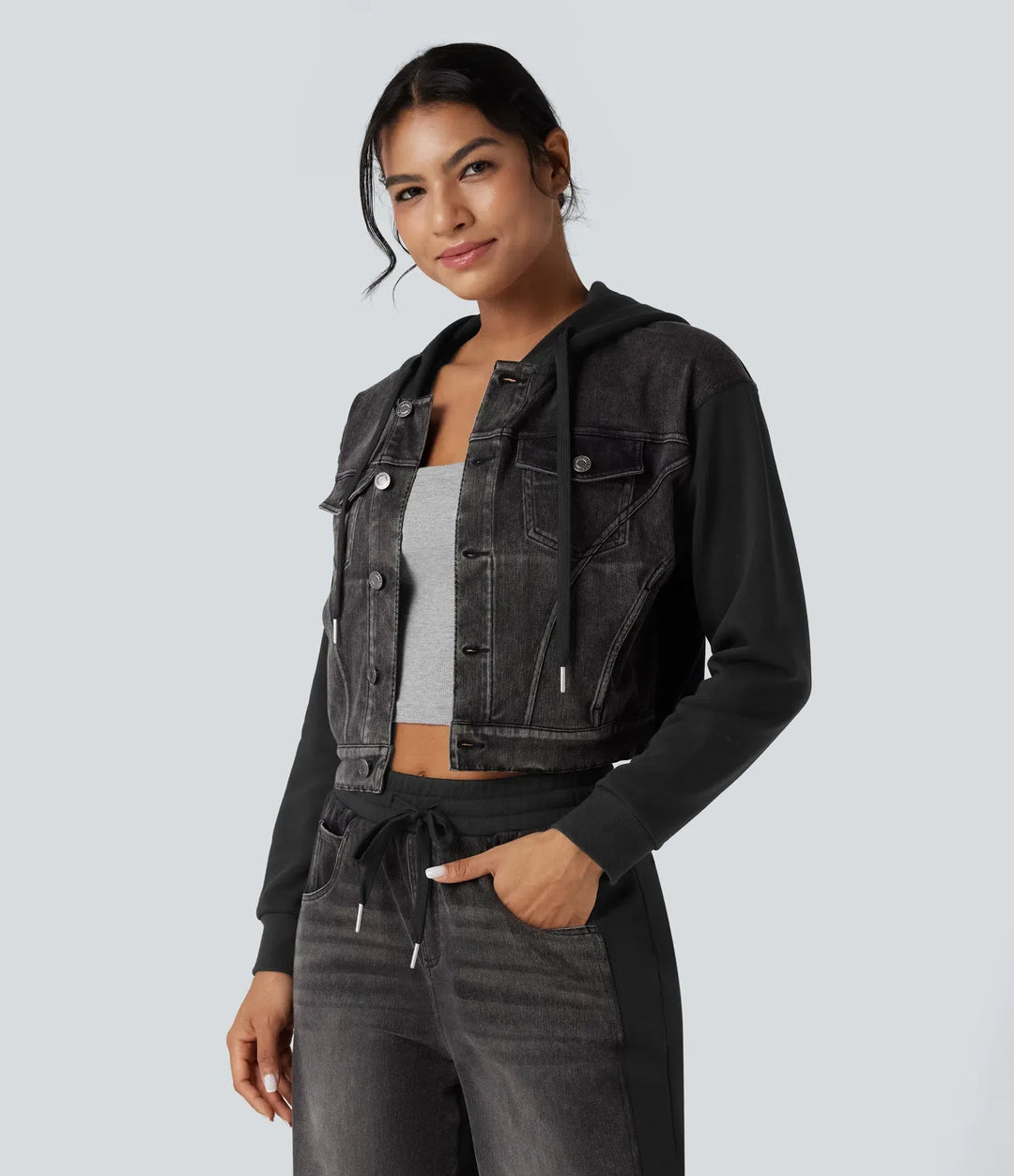 Lyckera Flex med huva dragsko långärmad Patchwork denim vardaglig jacka