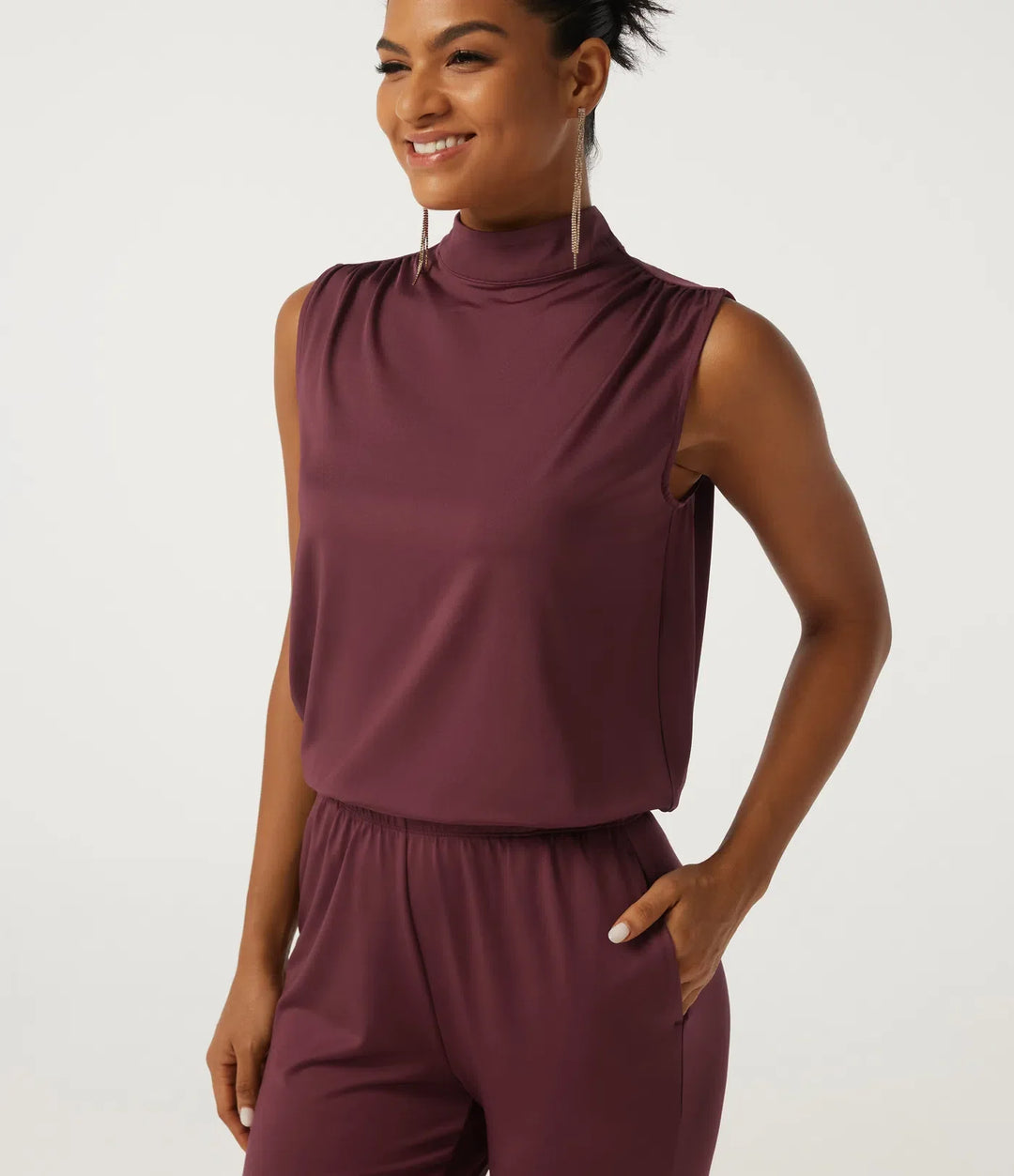 Halvpolo ärmlös utsvängd nyckelhålsrygg fest jumpsuit med fickor - Easy Peezy Edition