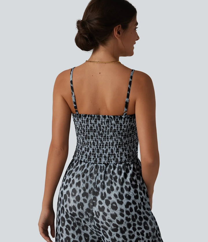 Knytning fram smockad leopard mesh vardaglig slip baggy jumpsuit med fickor