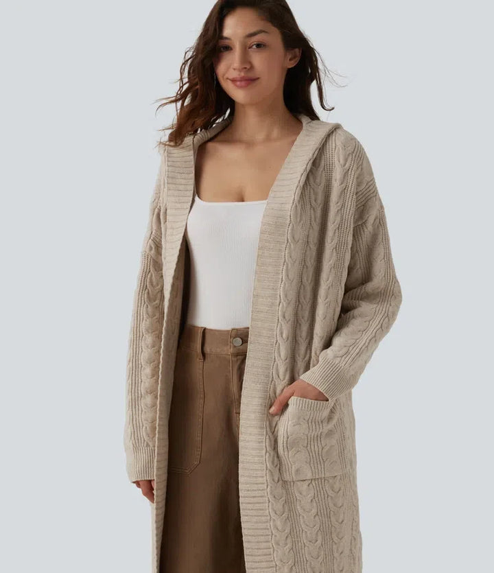 Med huva långärmad lång modell vardaglig cardigan med fickor