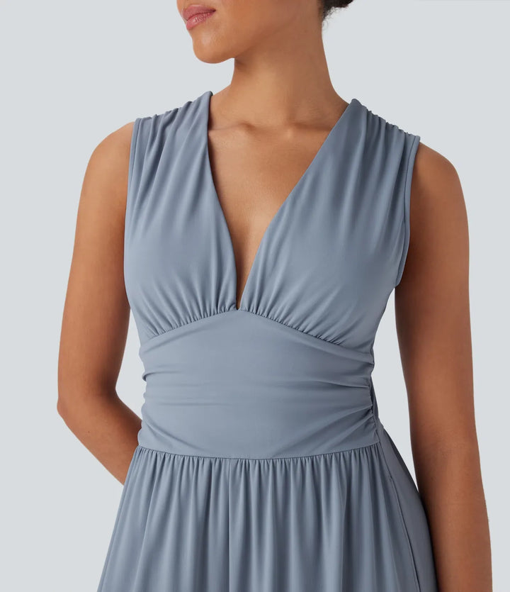 SoftlyZero luftig V-ringad ärmlös rynkat ficka InstantCool vardaglig jumpsuit-Easy Peezy