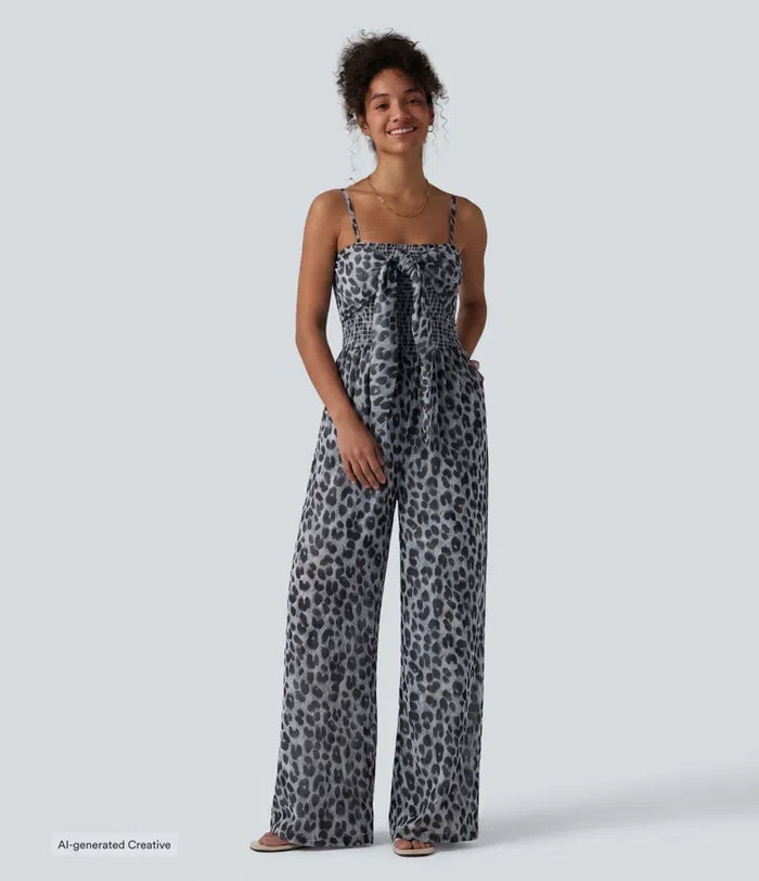 Knytning fram smockad leopard mesh vardaglig slip baggy jumpsuit med fickor