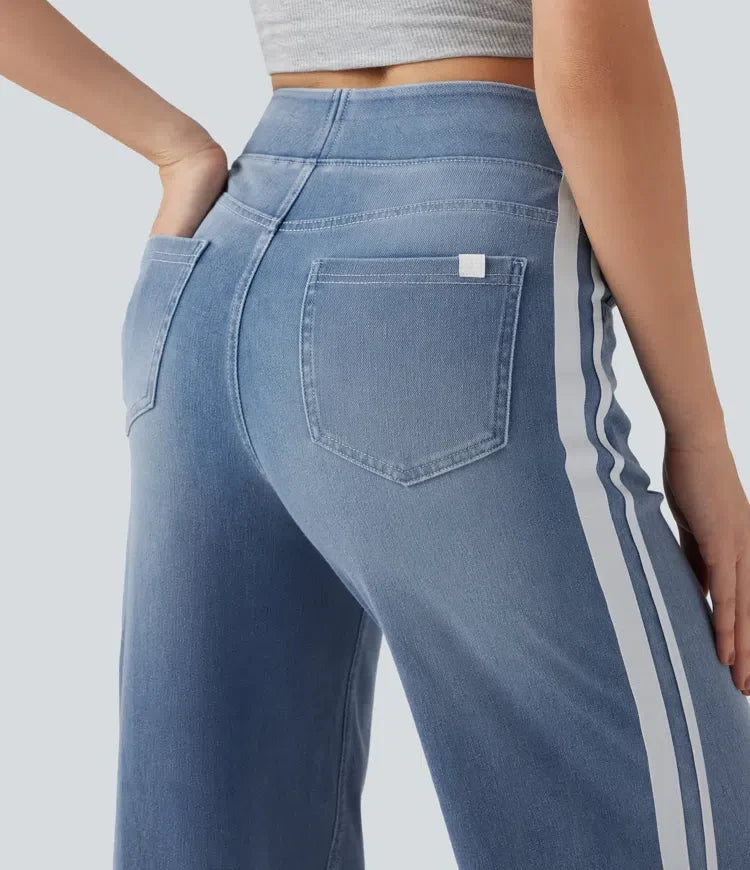 Halara Flex med hög midja rand vida ben följsam tvättad vardagsjeans med fickor