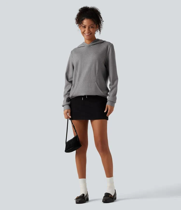 Ribbad med huva långärmad vardaglig sweatshirt med ficka