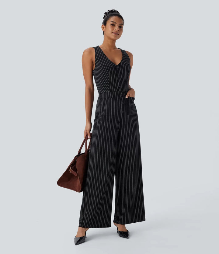 V-ringad ärmlös skuren-ut fickor vida ben randig InstantCool arbetsjumpsuit