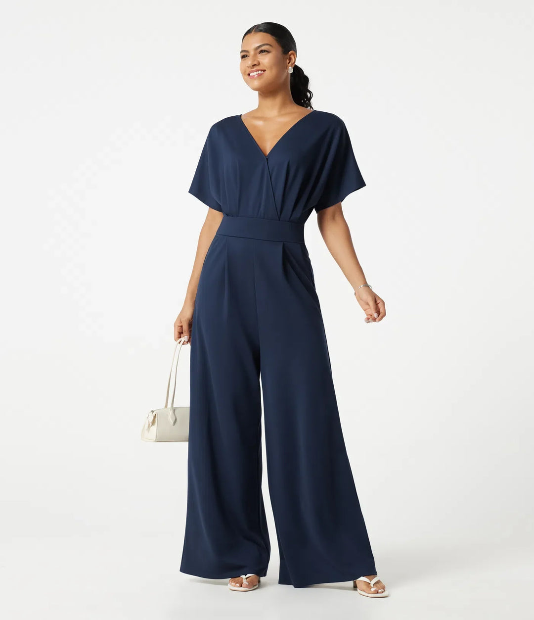 V-ringad kortärmad rynkat vida ben vardaglig jumpsuit med fickor -Easy Peezy Edition