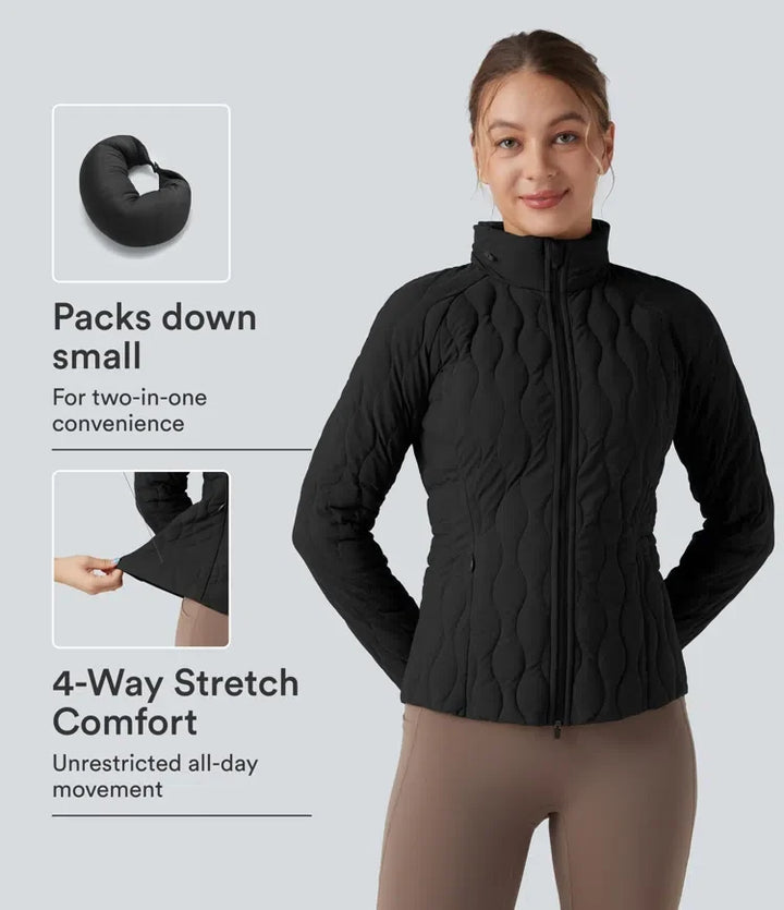 PuffFlex hög hals tumhål stretchig träning vadderad jacka med fickor-packbar hals Pillow