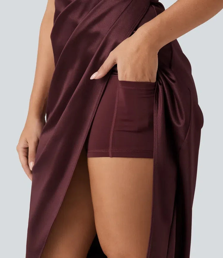 Tubmodell 2-i-1 figurnära satin midi festklänning
