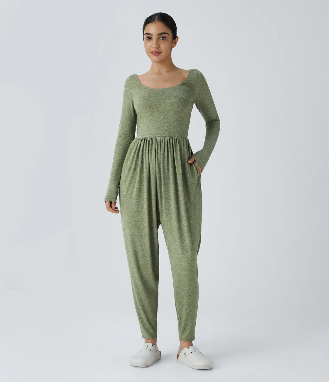 Djup rund halsringning ficka vardaglig harem jumpsuit