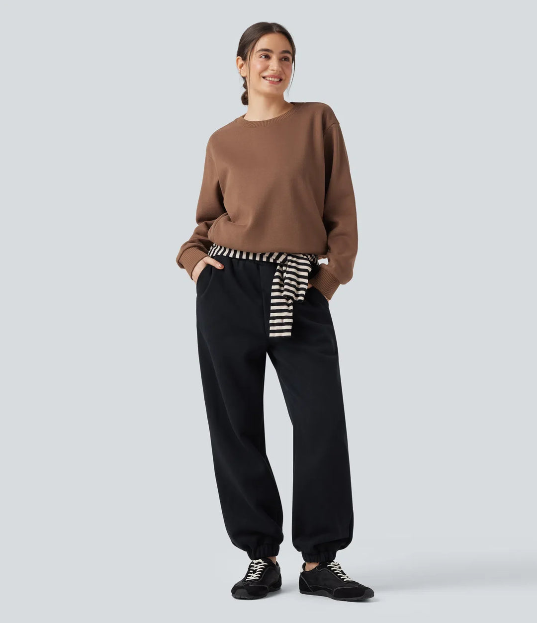 Rund hals långärmad fleece vardaglig bomull sweatshirt med fickor
