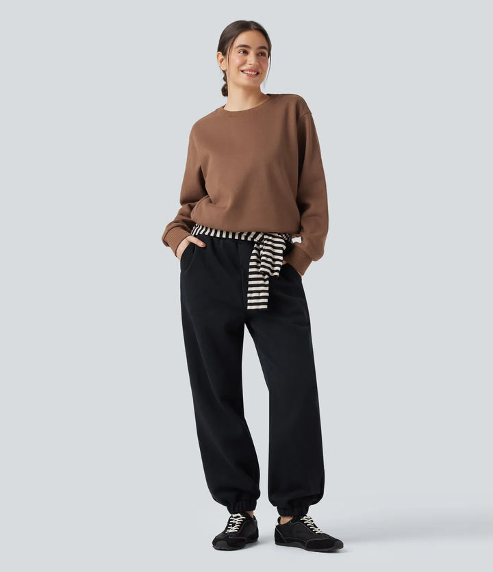 Rund hals långärmad fleece vardaglig bomull sweatshirt med fickor