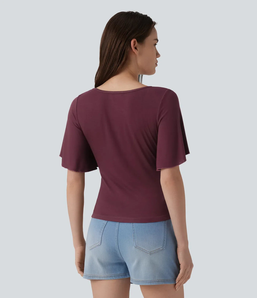 Ribbad fyrkantig halsringning fjäril ärm rynklad T-shirt för vardag