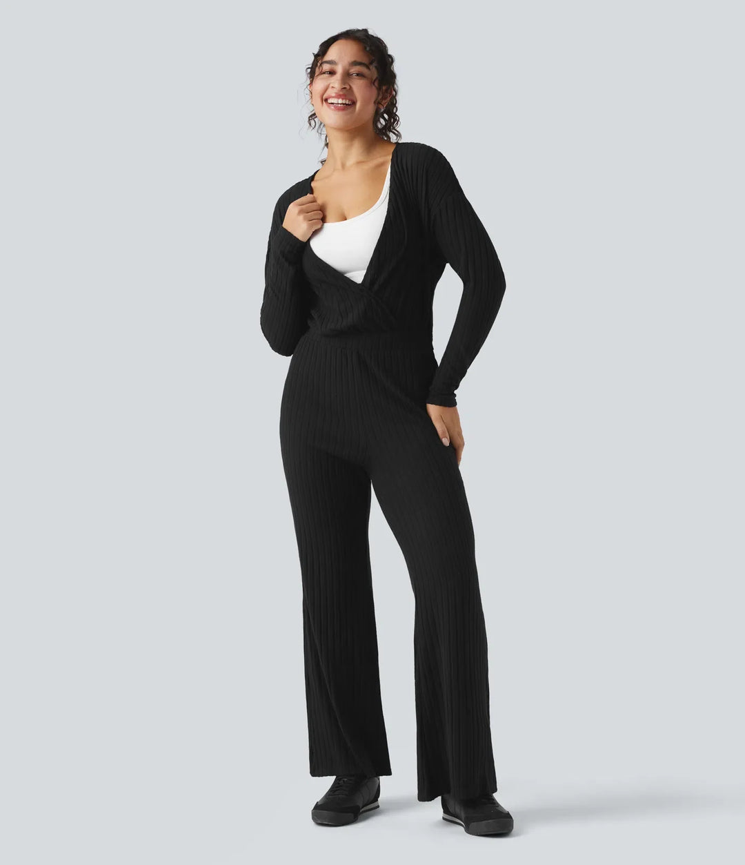 Ribbstickad V-ringad långärmad vardaglig jumpsuit-Easy Peezy