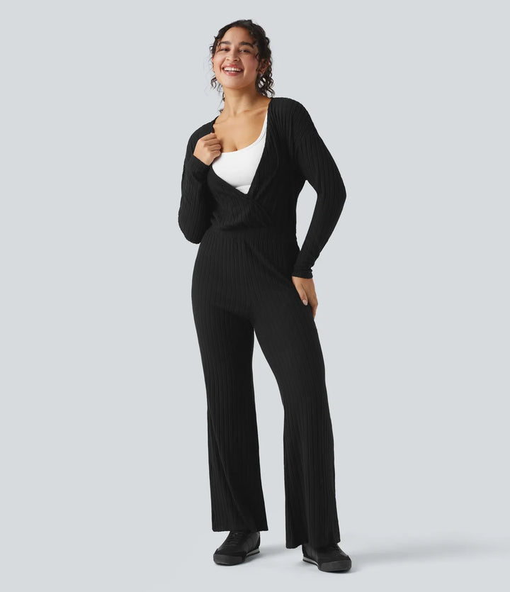 Ribbstickad V-ringad långärmad vardaglig jumpsuit-Easy Peezy