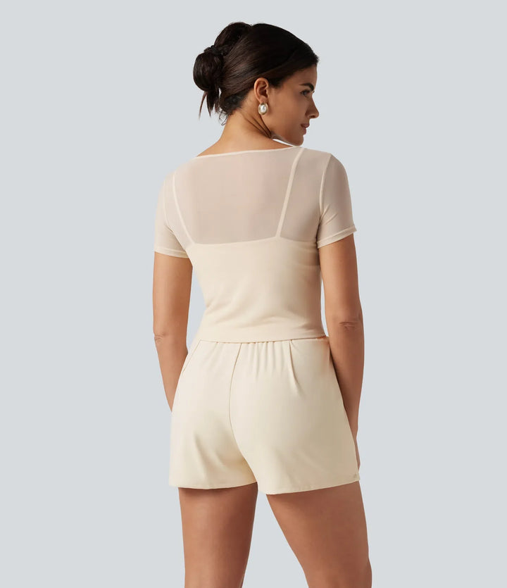 SoftlyZero mjuk plysch båtringad inbyggd BH kontrastmesh kortärmad fest playsuit med fickor-Easy Peezy Edition