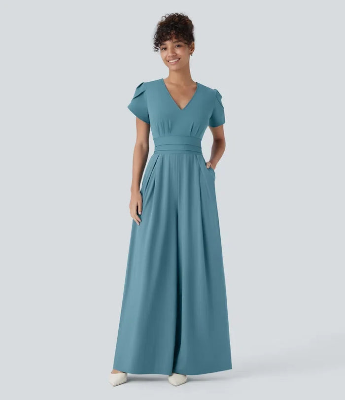 Breezeful V-ringad blombladsärm ficka vida ben fallande snabbtorkande arbetsjumpsuit