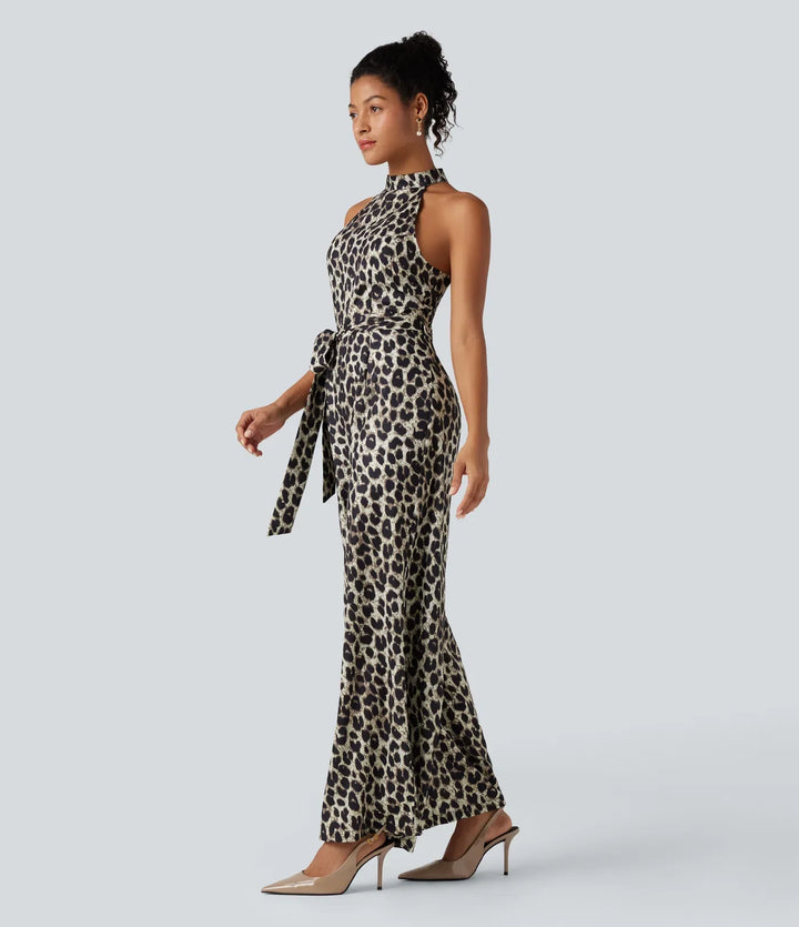 Halterneck ärmlös bältad leopard fest jumpsuit med fickor