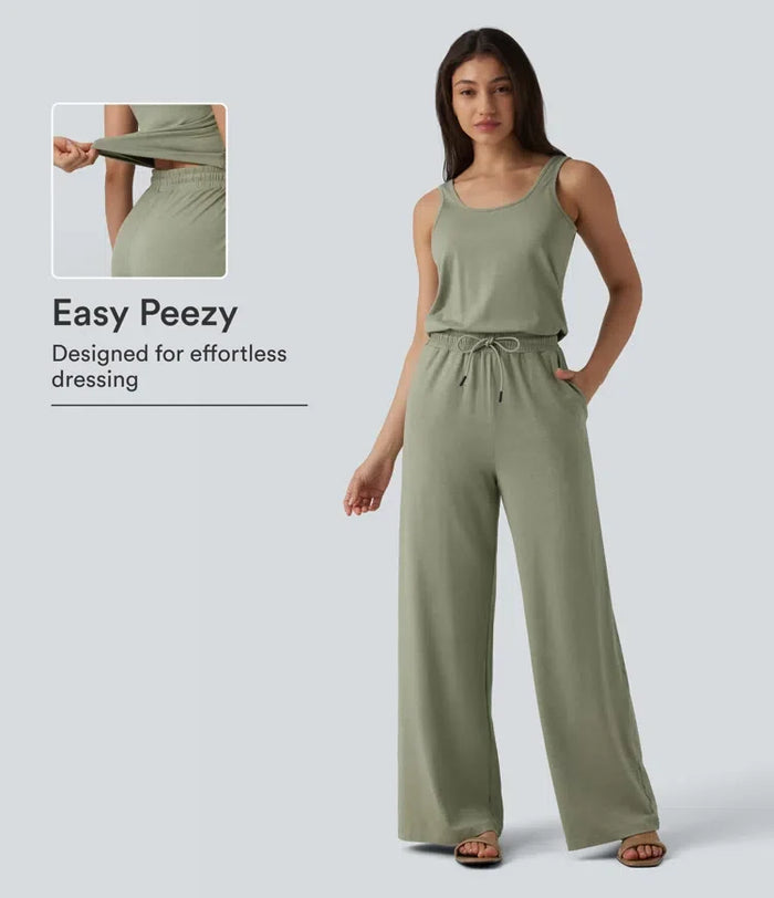 U-ringad ärmlös dragsko melerad vardaglig baggy jumpsuit med fickor-Easy Peezy