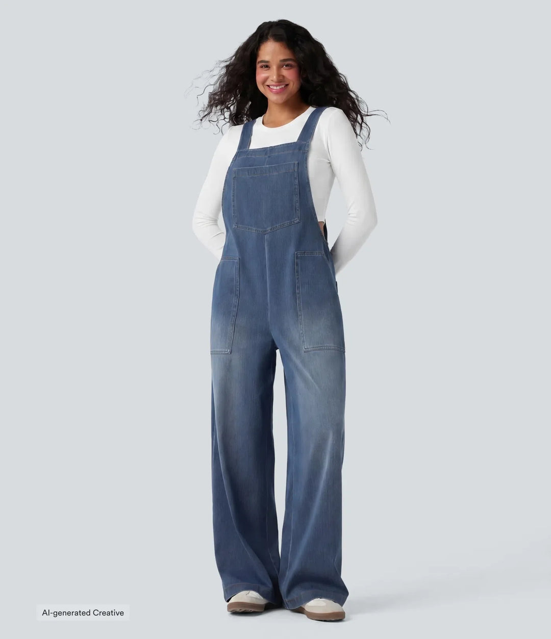 Halara Flex fyrkantig halsringning tvättad denim hängselbyxor för vardag med fickor
