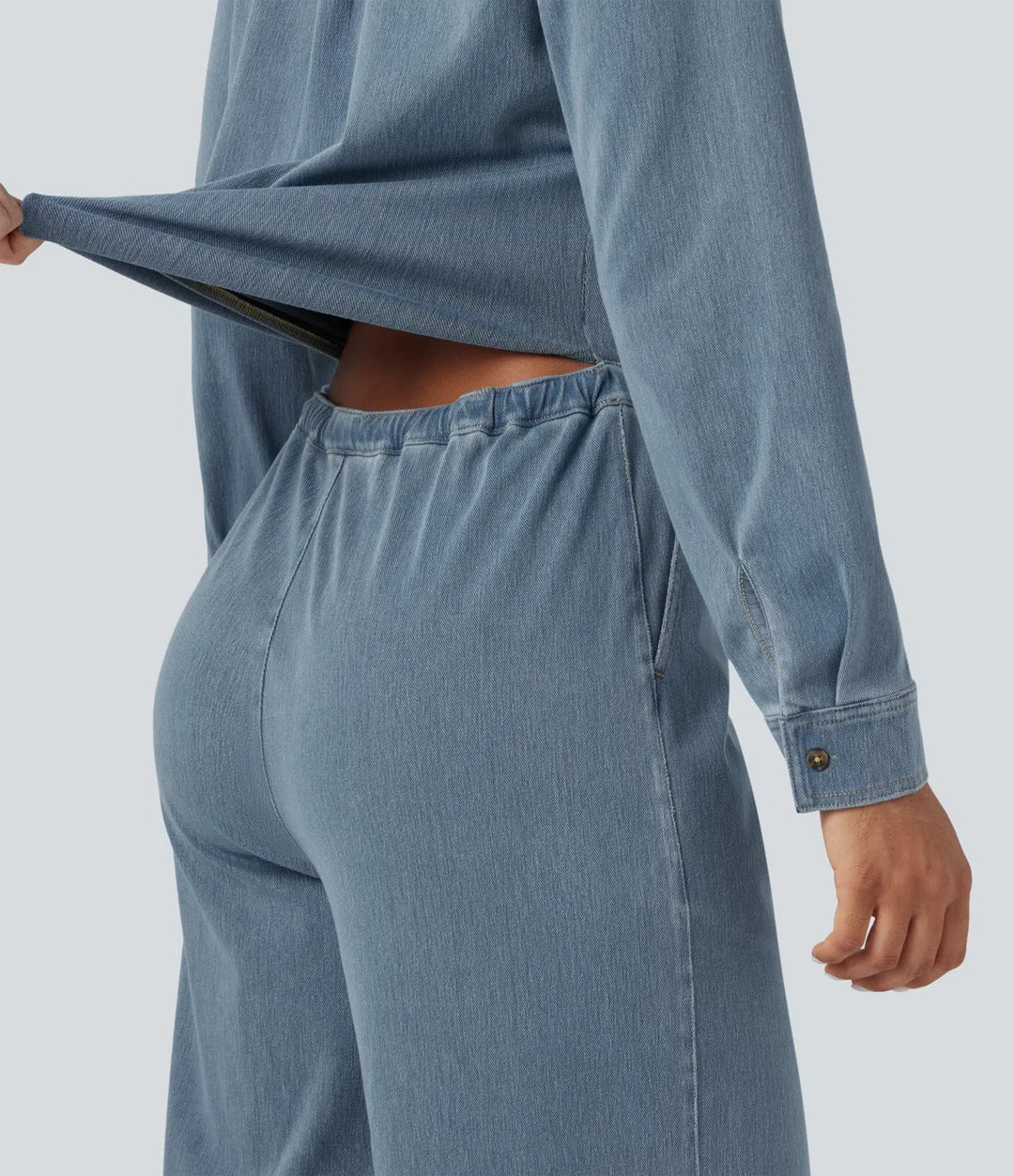 Lyckera Flex långärmad dragsko vida ben tvättad denim vardaglig jumpsuit med fickor-Easy Peezy Edition