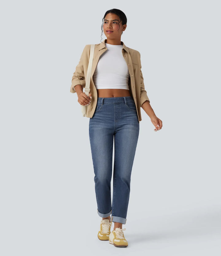 Halara Flex med hög midja upprullad fåll för vardag smal jeans med fickor