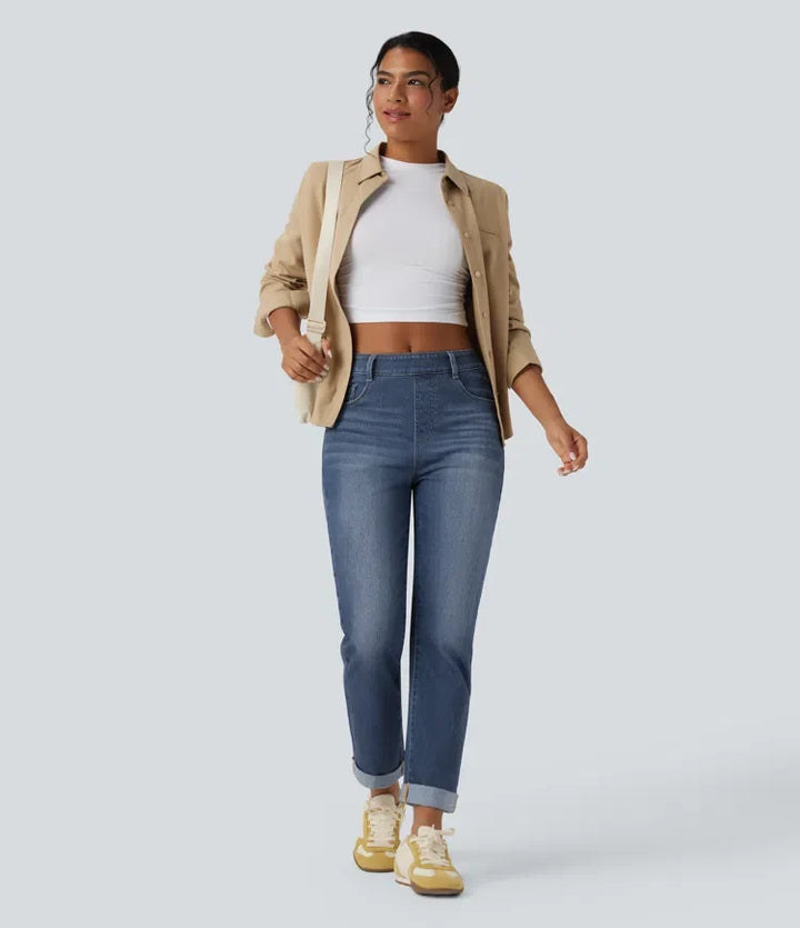 Halara Flex med hög midja upprullad fåll för vardag smal jeans med fickor