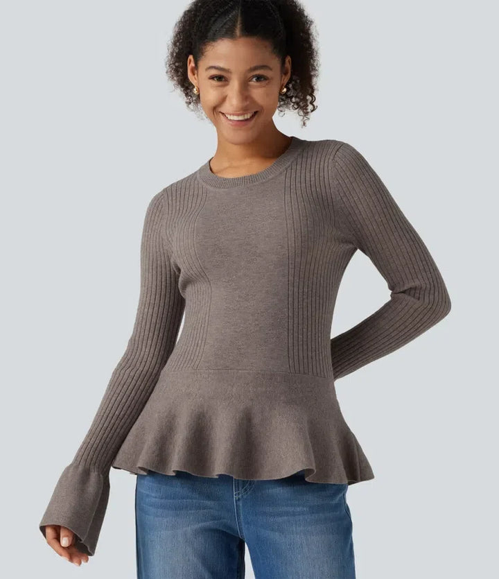 Rund hals långärmad volangfåll smal arbetströja