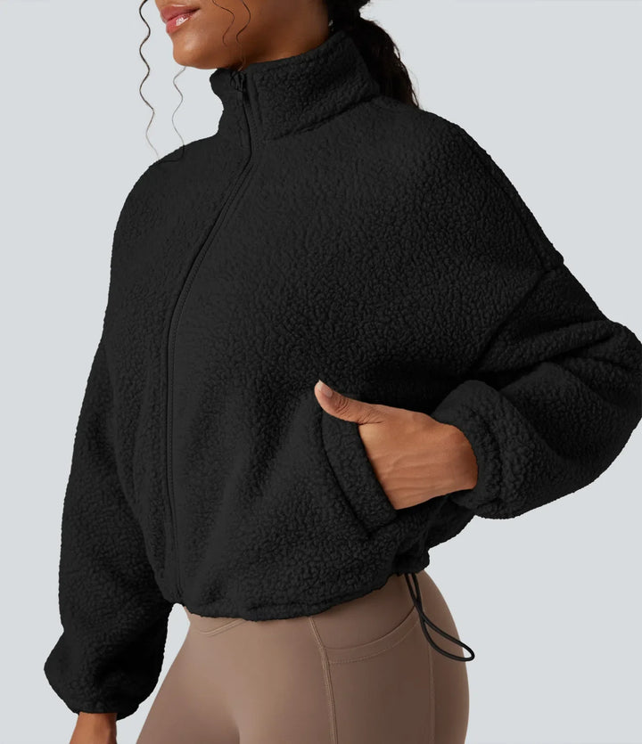 Hög hals långärmad dragkedja fleece träningsjacka med fickor