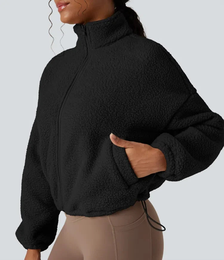 Hög hals långärmad dragkedja fleece träningsjacka med fickor