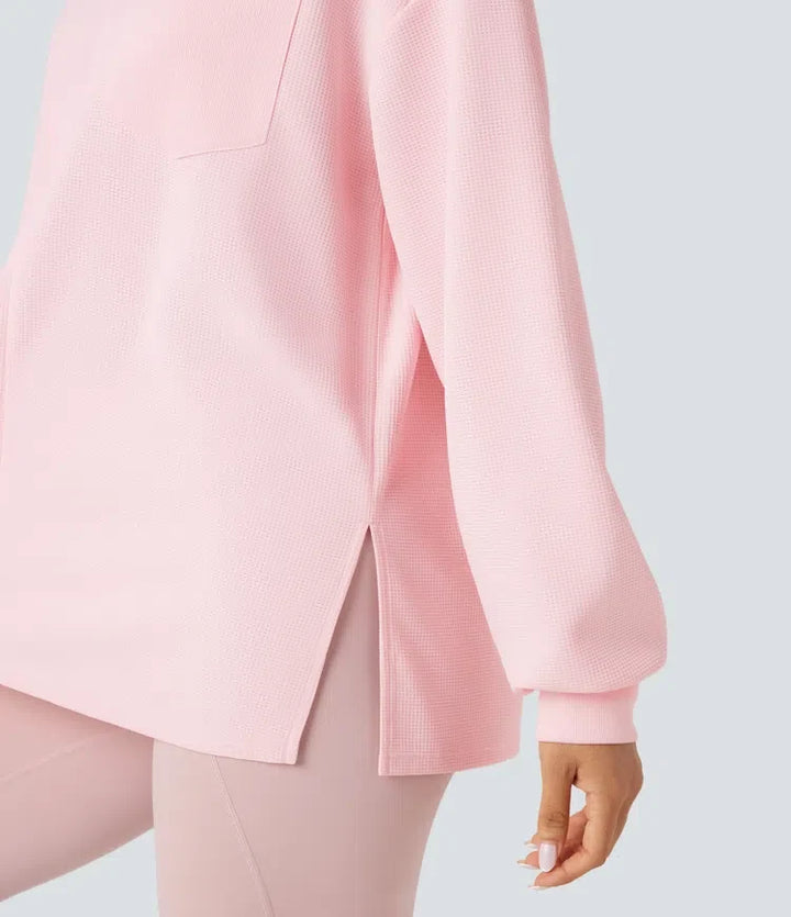 Rund hals långärmad slits fåll våffelstruktur oversized vardaglig sweatshirt med fickor