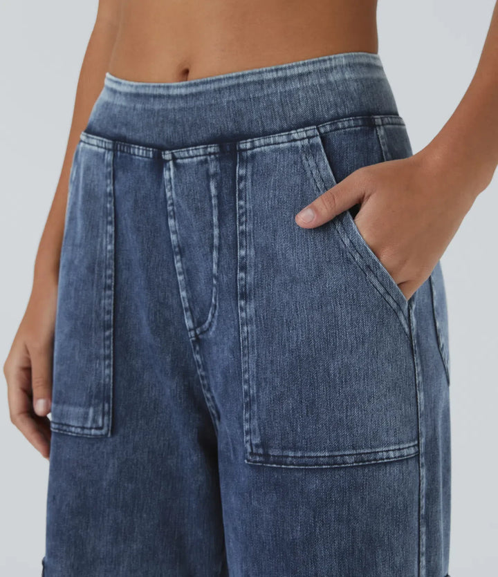 Lyckera Flex medelhög midja fickor raka ben vardaglig cargo jeans